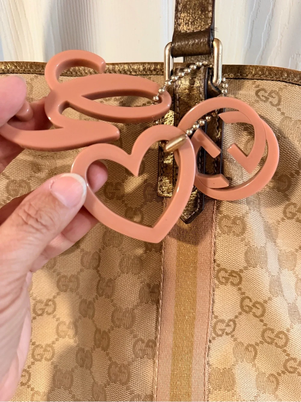 Gucci Beige Canvas Tote with Pink Stripe and Gold Handles